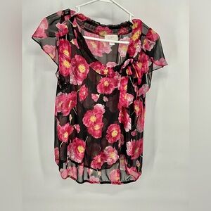LOFT Petites Floral Sheer Top - Pink and Black LP